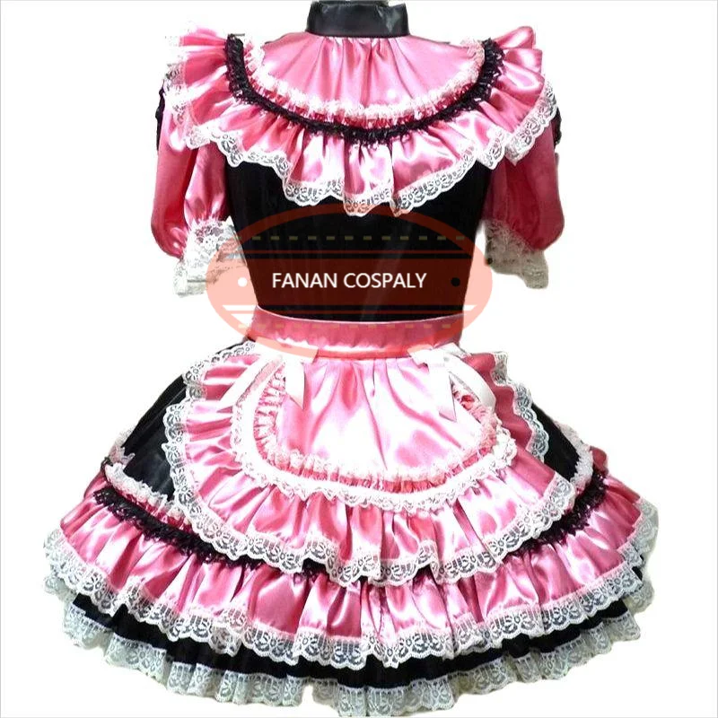 

Fashion Adult Giant Baby Sexy Pink Satin Dress Black Apron Sissy Makeup Prom Maid Dress Custom Lockable Multiple