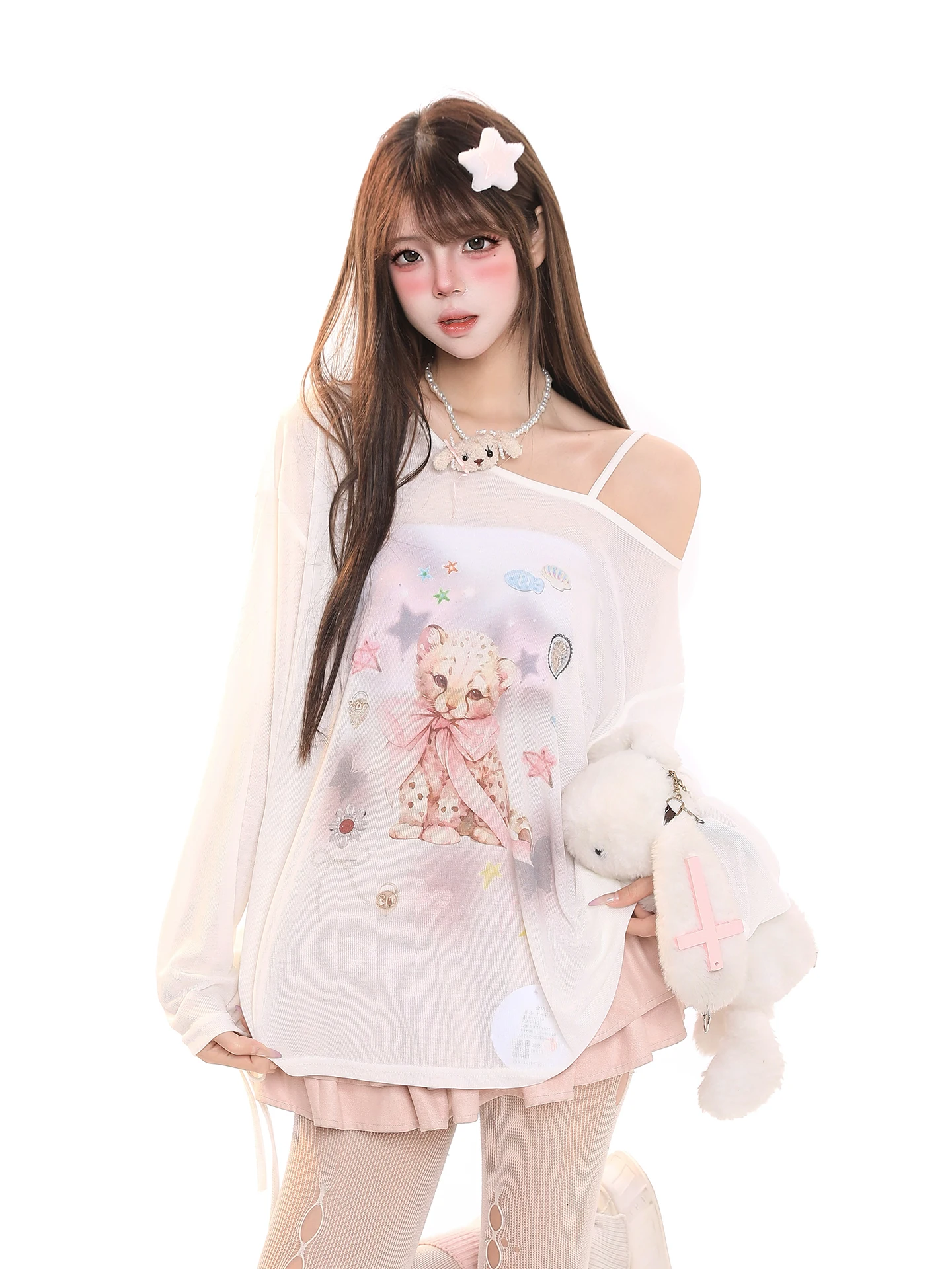 Sweet  Print Semi-Transparent Shoulder Long Sleeve Cover up T-Shirt Women's Casual Style Spring Fashion Hole Design Creati...