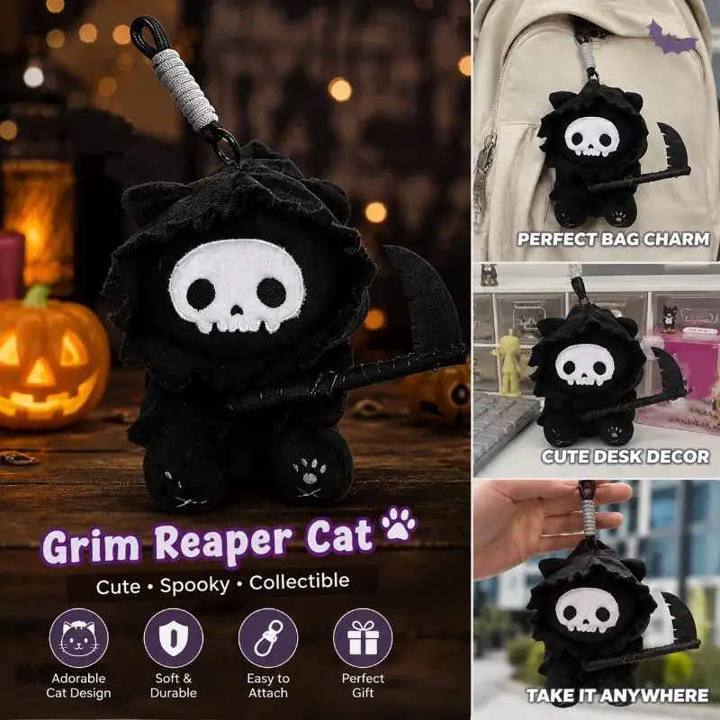 Gothic Grim Reaper Cat Plush Keychain Skull Bag Pendant Horror Doll Halloween Decor Collectible Gift For Goth Adult Hobby Lover