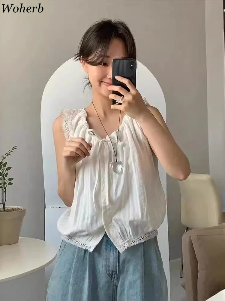 

Korean U Neck Drawstring Sweet Blouse Women Clothing White Lace Patchwork Shirts Summer Sleeveless Loose Vintage Blouses Tops