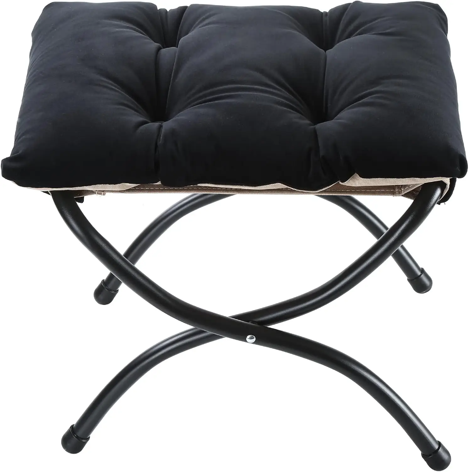 

15" Foldable Foot Stool Ottoman, Black Upholstered with Metal Frame, Space-Saving Design for Living Room, Bedroom, Patio