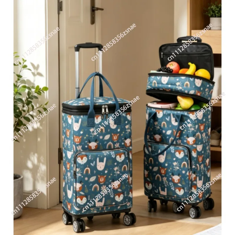 Retractable Shopping Trolley Bag Foldable Portable Grocery Cart with Wheels for Supermarket Travel Camping Lightweight Durable