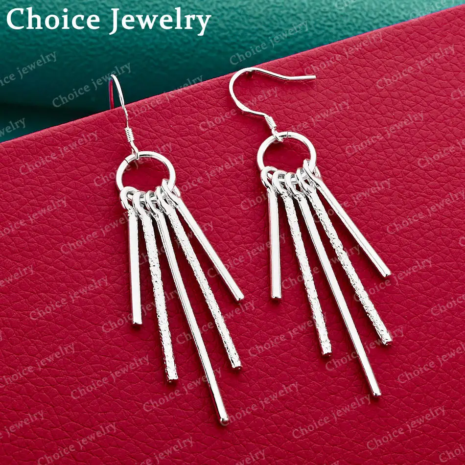 

925 Sterling Silver Matte Smooth Five Column Drop Earrings For Woman Fashion Wedding Party Engagement Gift Charm Jewelry