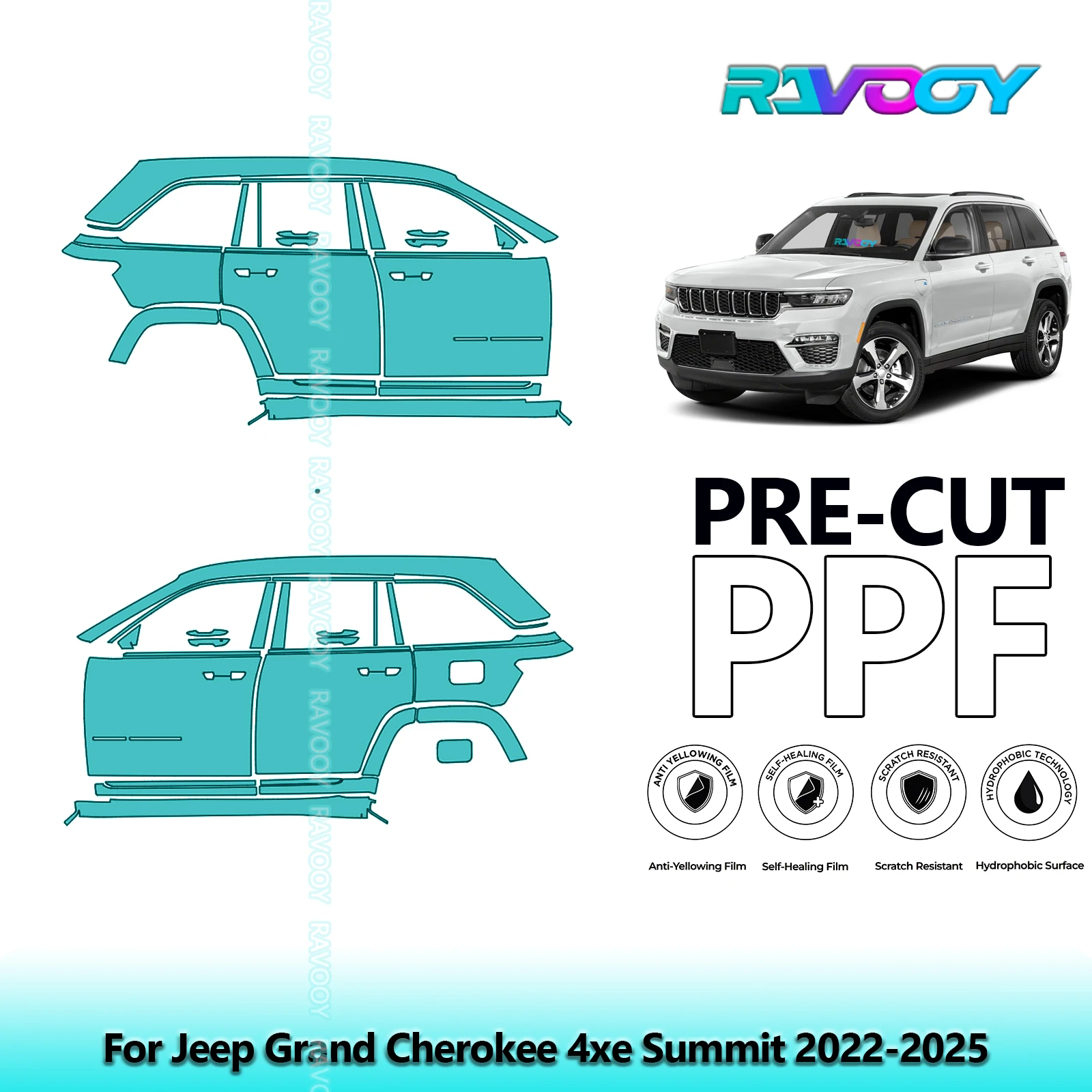 

For Jeep Grand Cherokee 4xe Summit 2022-2025 8.5mil Clear Matte Pre-Cut PPF Door & A/B Pillar Kit TPU Paint Protection Film Set