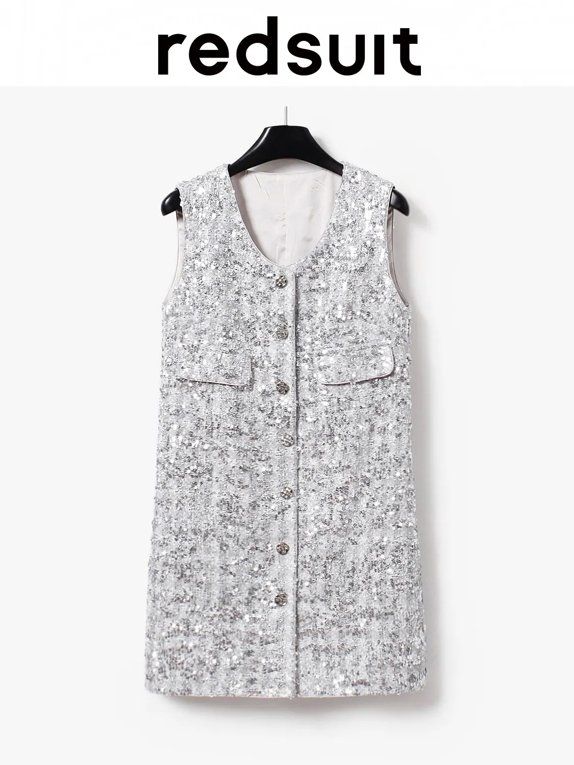 New Silver sequined sleeveless vest waist cinching dress Custom size