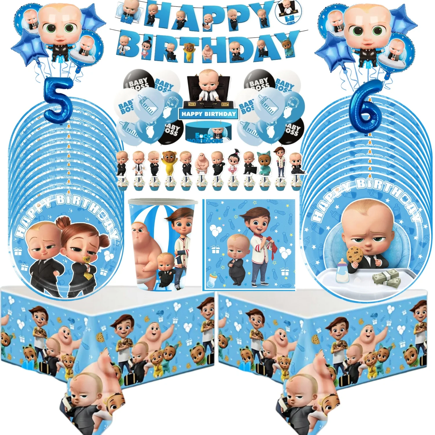 Cartoon Boss-Boys-Girls Party-Dekoration zum 1. Geburtstag für Neugeborene, Tischgeschirr, Hintergrund, Luftballons, Babyparty für Kinder, Geschenke, Partyzubehör