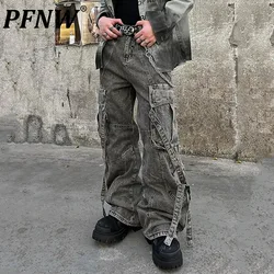 PFNW New Autumn Men's Denim Pants Big Pockets Ribbon Patchwork Straight Wide Leg Solid Color Male Jeans Personality 2024 12C757