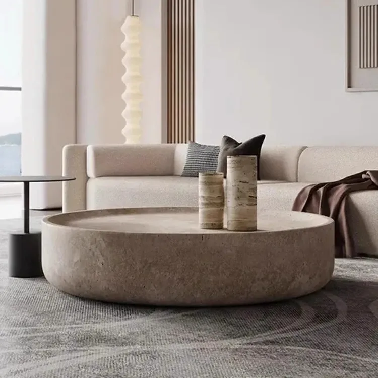 Modern Style Round Oval Marble Stone Travertine Coffee Table with Cement Side Plinth Concrete Center Table