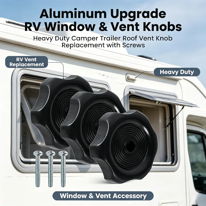 3 PCS Aluminum Upgrade RV Window and Vent Knob, Black Heavy Duty Camper Trailer Roof Vent Knob Replacement with Screws Parts