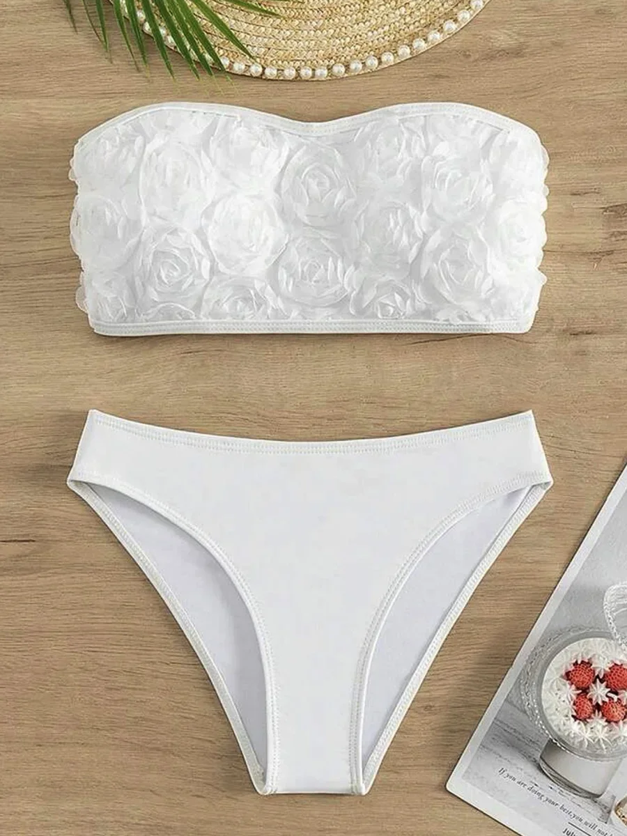 Bikinis Bandeau con flores 3D 2025, traje de baño femenino, Bikini de cintura alta, traje de baño para mujer, conjunto de Bikini de dos piezas, bañador, traje de baño para nadar