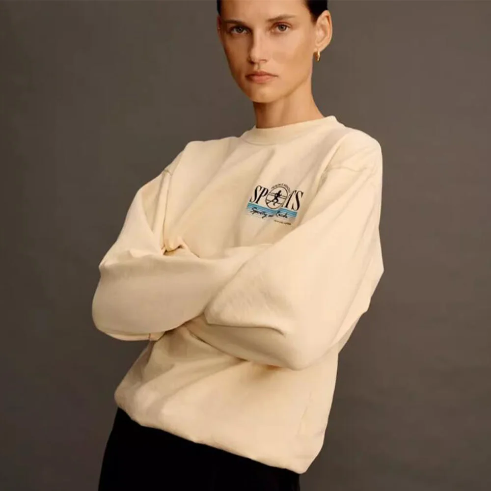 

2025 Autumn American Vintage Style Sporty Club Printing Oversize Sweatshirts Women Cotton Long Sleeve Crewneck 90's Pullover