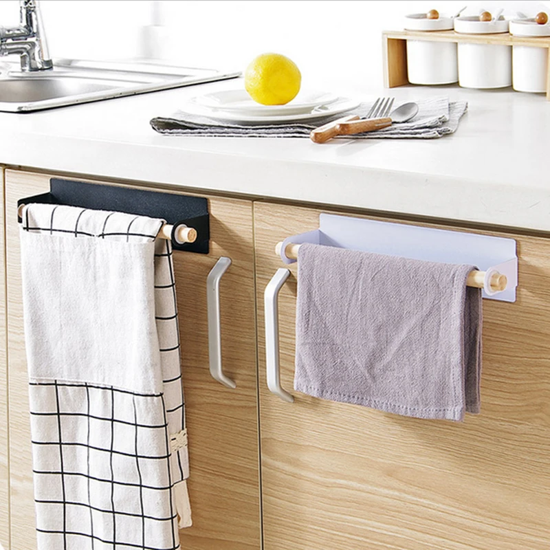 Bathroom Accoessories Wood Towel Storage Rack Bar Kitchen Adhesive Roll  Paper Holder Cabinet Cling Film Rag Hanging Holder