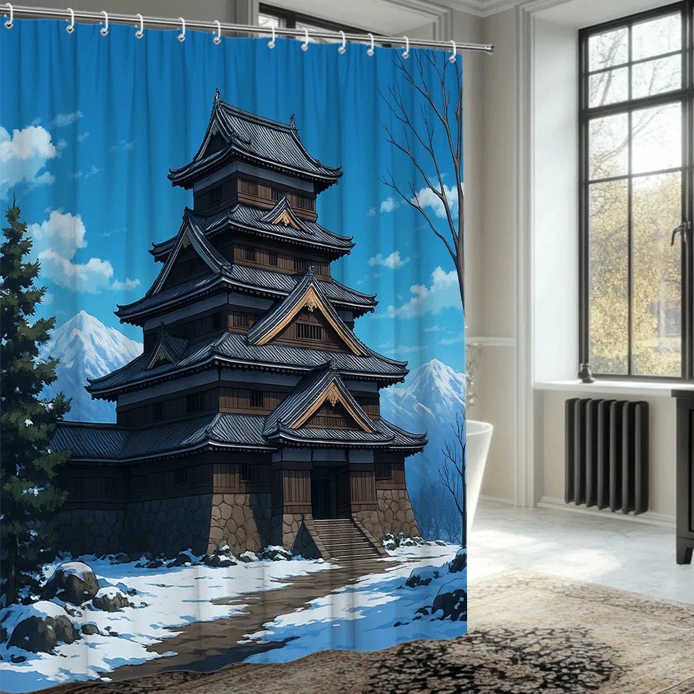 

Водонепроницаемая шторка для душа с изображением японской замки, гор и снега, машинная стирка, прочная ткань, декор для ванной комнаты на все сезоны