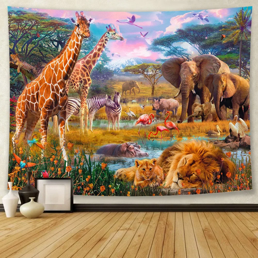 

Forest animal tapestry home room art decoration background cloth tiger giraffe elephant lion parrot hanging cloth