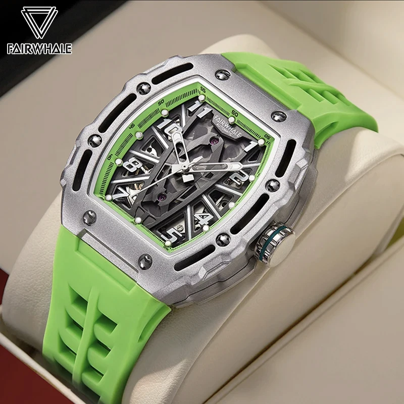 Nuovo orologio meccanico Mens Tonneau Shape Skeleton Tourbillon orologi automatici Fashion Green Silicone Strap Diver Mille Clock Man