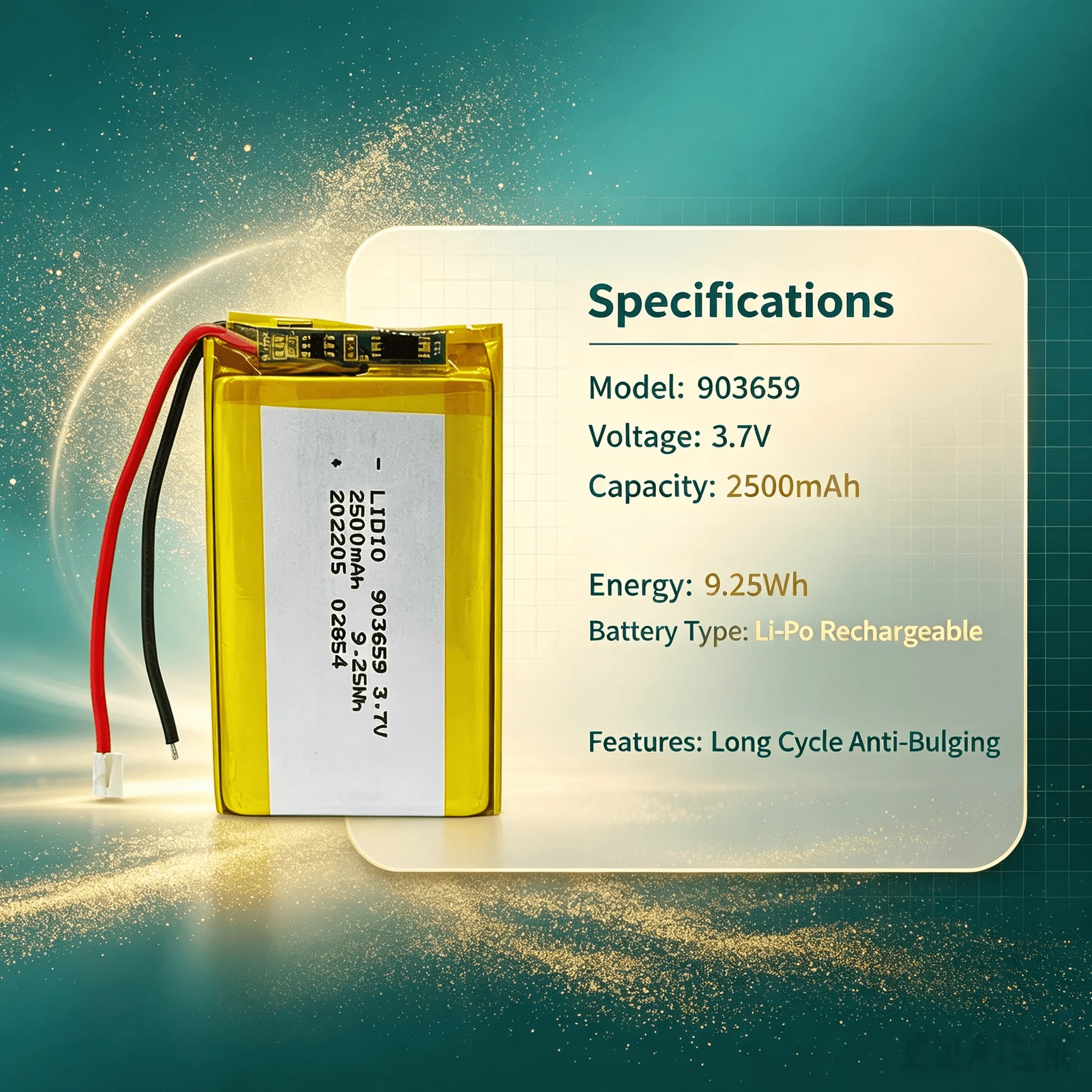 903659 3.7V 2500mAh Capacity Li-Po Rechargeable Battery Long Cycle Anti-Bulging For GPS Navigator Camera MP5 Portable Speaker