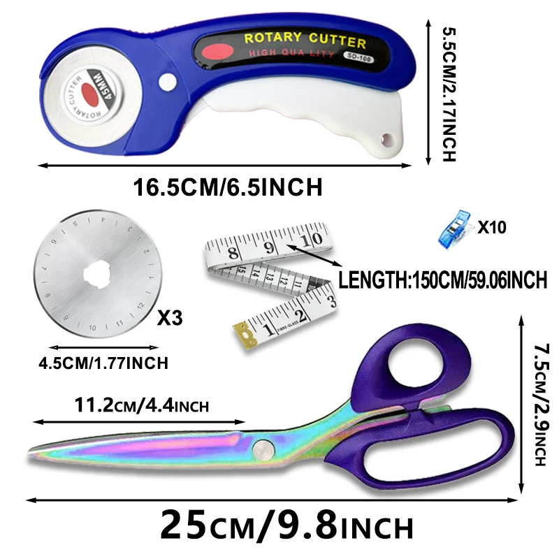 회전식 가위 14세트, 45mm 원단 가위 세트 및 재단 가위, 벨트 줄자, 원단 클램프, 재봉 클램프