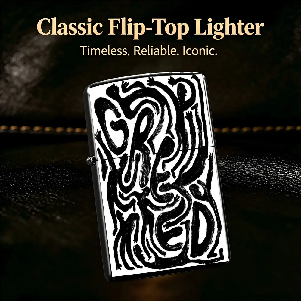 Pocket Lighter, Flip-Top Windproof Design, Metal Shell with Black & White Square Crowd Print, Ergonomic Grip, Durable & Reliable - Perfect for Daily Use