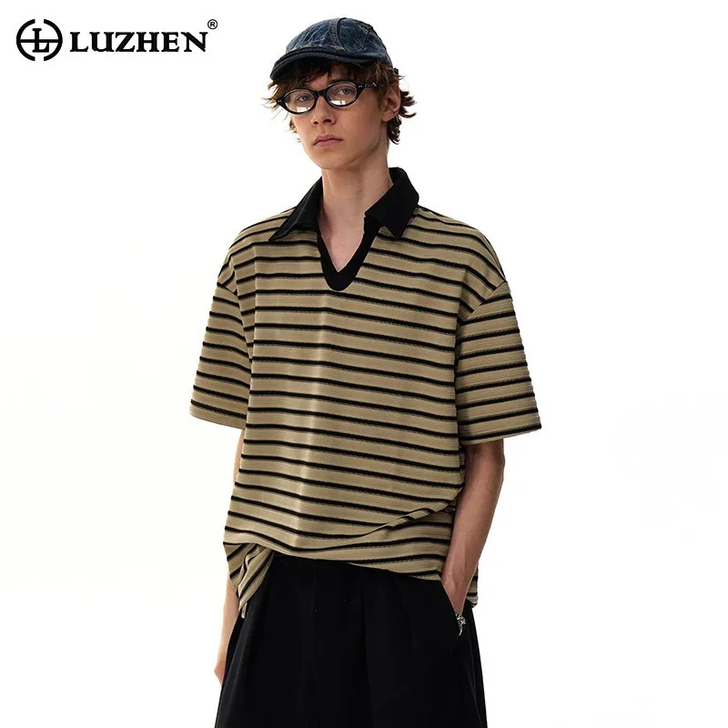 

LUZHEN 2025 Summer Color Contrast Polo Neck Short Sleeve T-shirts Men's New Stripe Printed Loose Korean Male Casual Tops JY3335