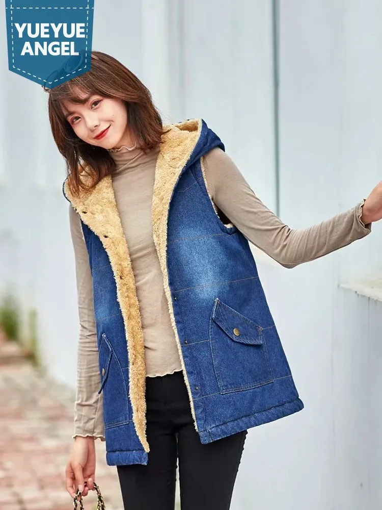 

Womens Winter Warm Hooded Denim Vest Ladies Casual Button Thick Waistcoats Fleece Lining Single Breasted Casual Sleeveless Coat