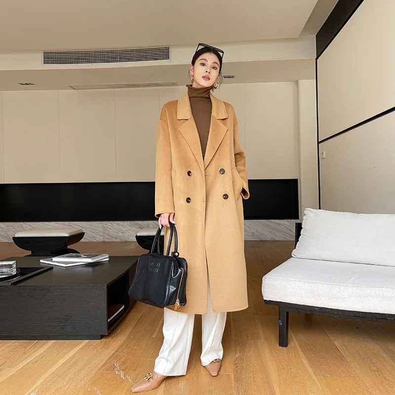 100% women's wool coat, double-sided, warm, high-end, loose, Korean style, long, buttons, 2024 autumn and winter new coat