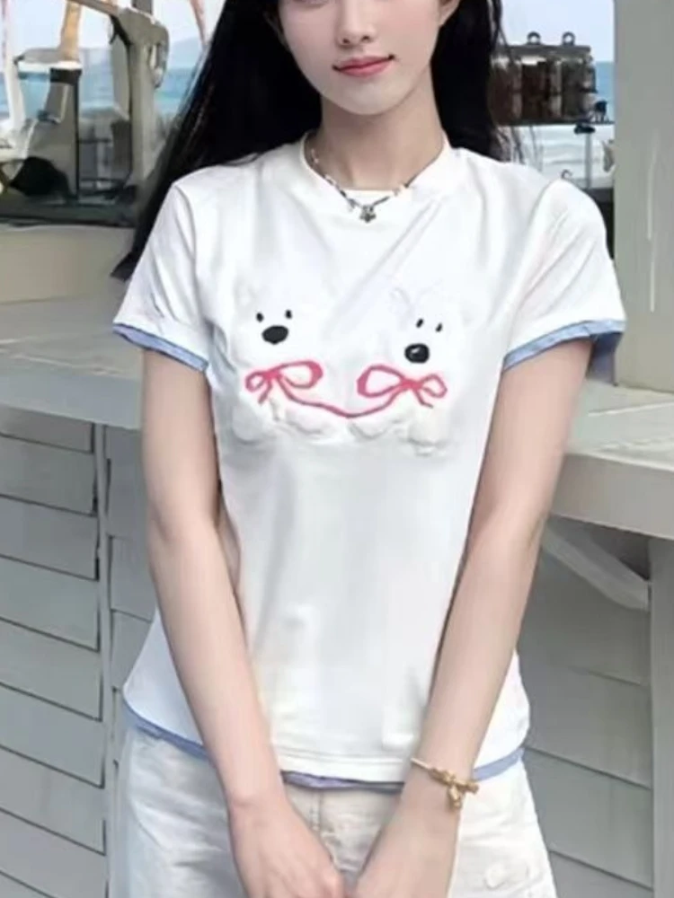 Japanese Y2k Vintage Puppy Embroidery T-shirt Kawaii 2000s Style Fake Two-piece Tops Harajuku Short Sleeve Shirts for Women