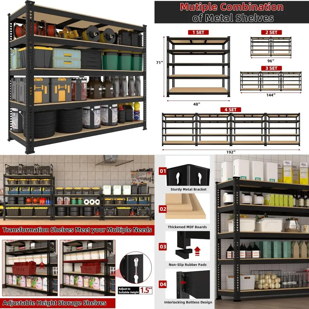 

Heavy Duty Adjustable Metal Shelving Unit - 5 Tier Garage Storage Rack, 48W x 18D x 71H, Utility Organizer for Basements