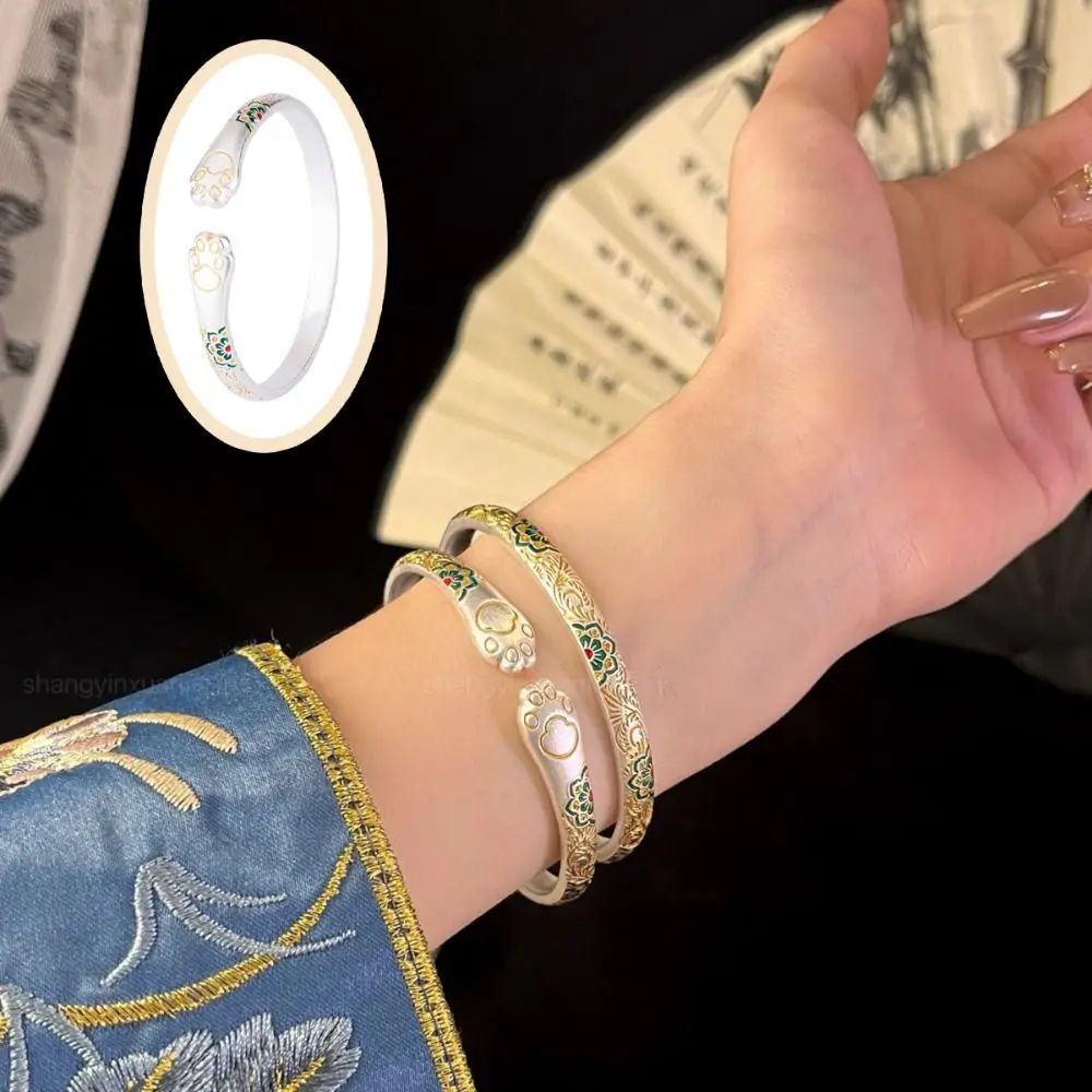 

Cat Paw Chinese Style Opening Bracelet Traditional Retro Enamel Flower Bangle Ethnic Style Hand Jewelry Women's Opening Bracelet