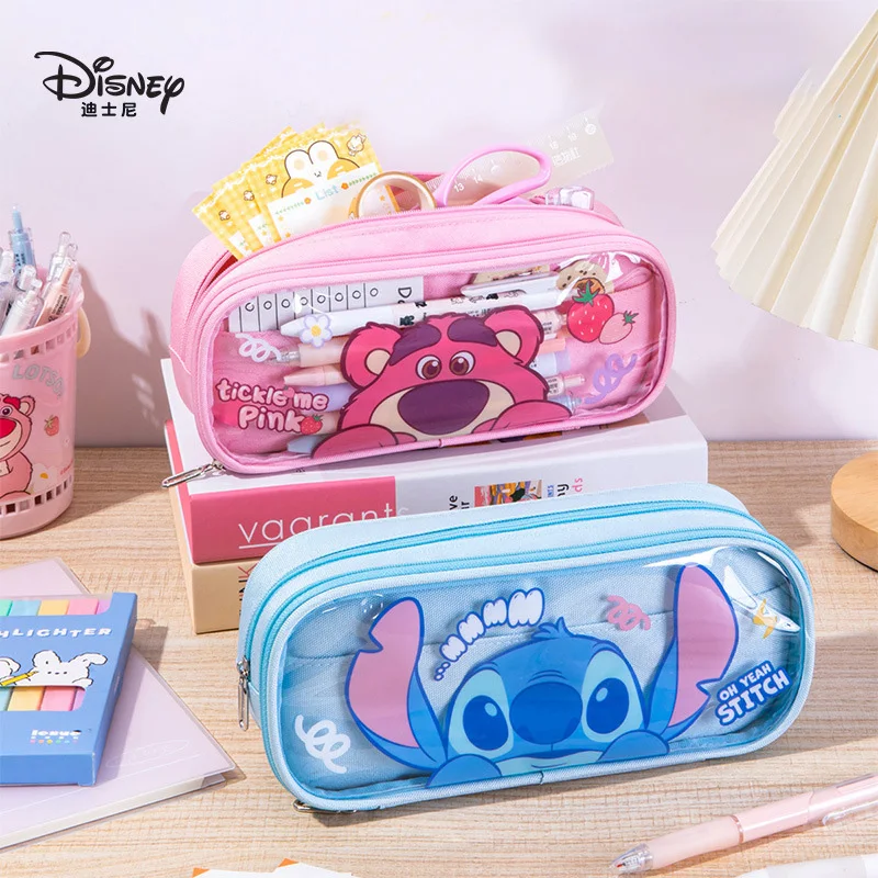 New Disney Stitch Pen Bag Double Transparent Stationery Box Cartoon Large Capacity Pencil Case Storage Bag Student School Bag