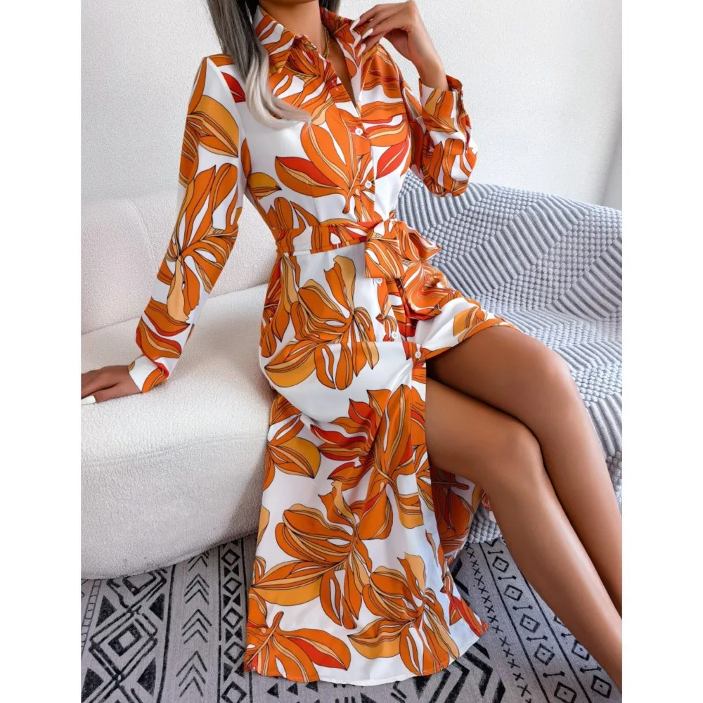 Floral Print Shirt Dress Women Autumn Long Sleeve Bandage Long Dresses Ladies Casual Single Breasted Boho Beach Holiday Dresses