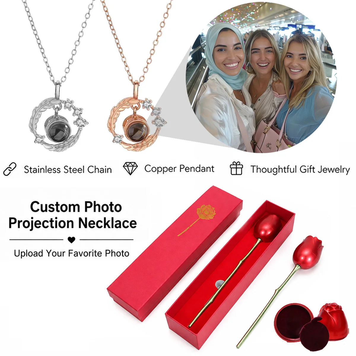 Custom Photo Projection Round Feather Necklace Rose Gift Box Stainless Steel Chain Birthday Mother's Day Valentine's For Women