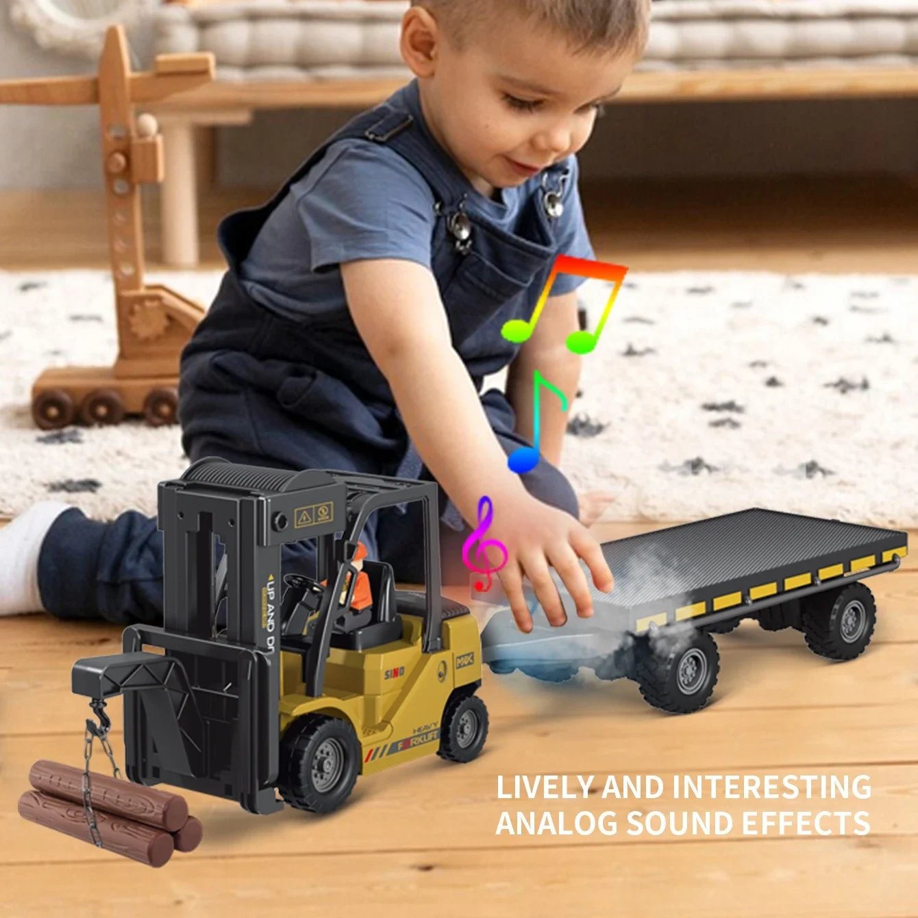 1/24 2.4G 11CH RC Truck Forklift Trailer with Lights Music Spray Simulated Forklift Remote Control Flatbed Trailer Children Toys