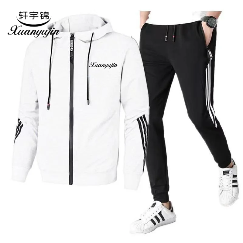 Xuanyu Jin European Men's Sweatshirt Set Pure Color Hooded Sweatshirt Sweatpants Sportswear Two-Piece Set Men's Slim Casual Clothing Youth Fashion Trendy Clothing