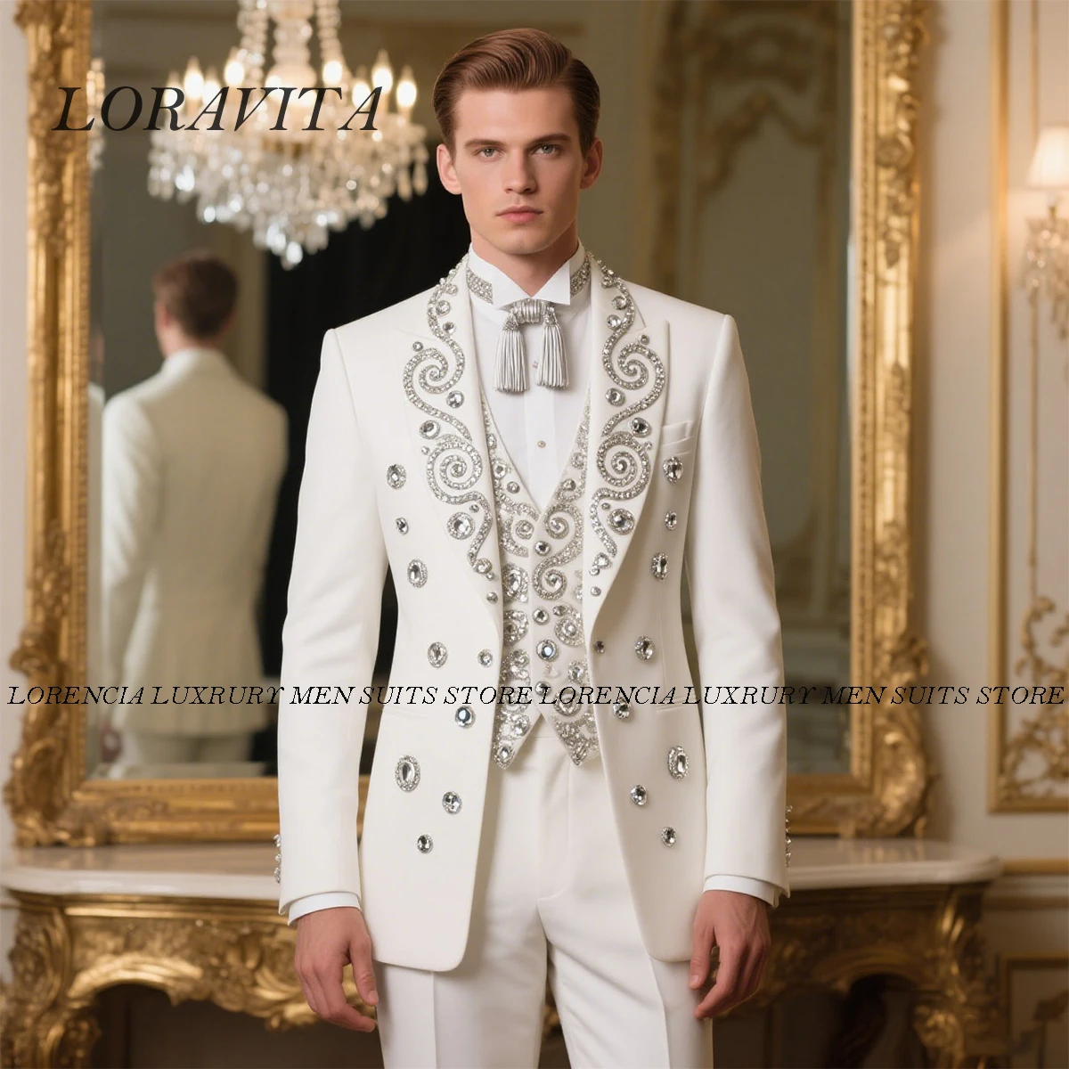 

Customized Crystals Beaded Tuxedos Men Suit High End Slim Fit Male Party Prom Blazers 2 Pieces Sets Groom Wedding Costume Homme