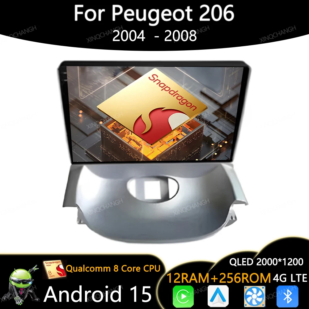 Android 15 Car Radio For Peugeot 206 2004 - 2008 Multimedia Stereo Video Player QLED BT Carplay Auto 4G WIFI Qualcomm Head Unit