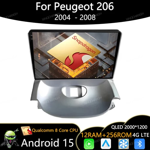 Android 15 Radio del coche para Peugeot 206 2004 - 2008 reproductor de vídeo estéreo Multimedia QLED BT Carplay Auto 4G WIFI Qualcomm unidad principal