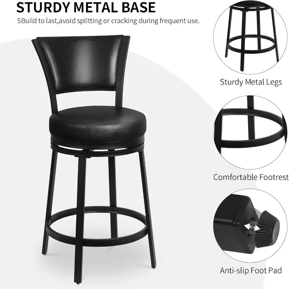 Bar Stools, 25" Swivel Bar Stools with Back, Counter Height Bar Stools Set of 2, Round Swivel Bar Chairs with Backs