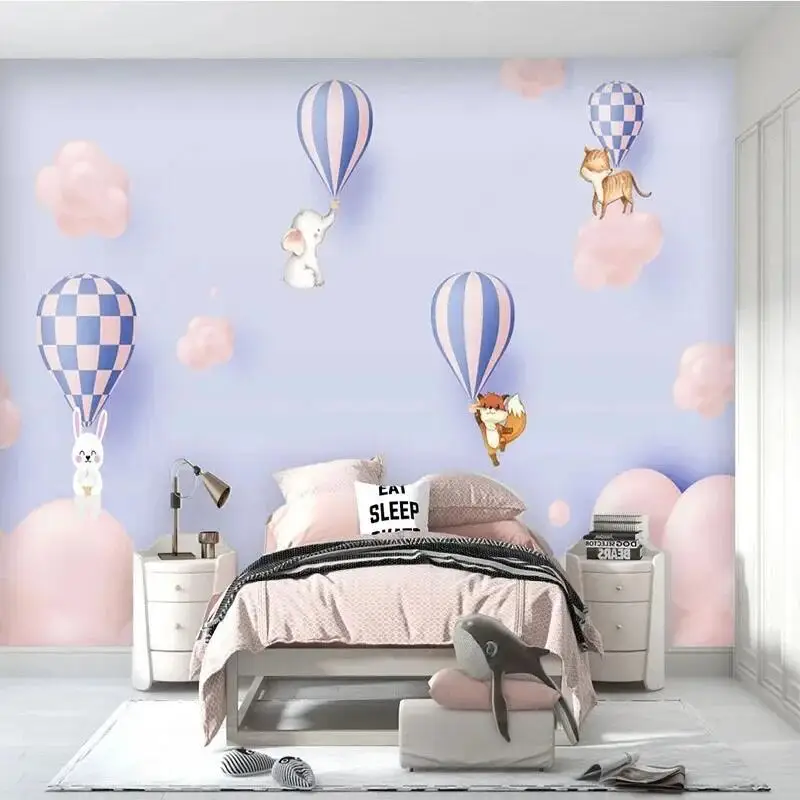 Custom 3D Mural Wallpaper Cartoon Hot Air Balloon Small Animal Children's Room Backdrop Wallpaper For Bedroom Papel De Parede