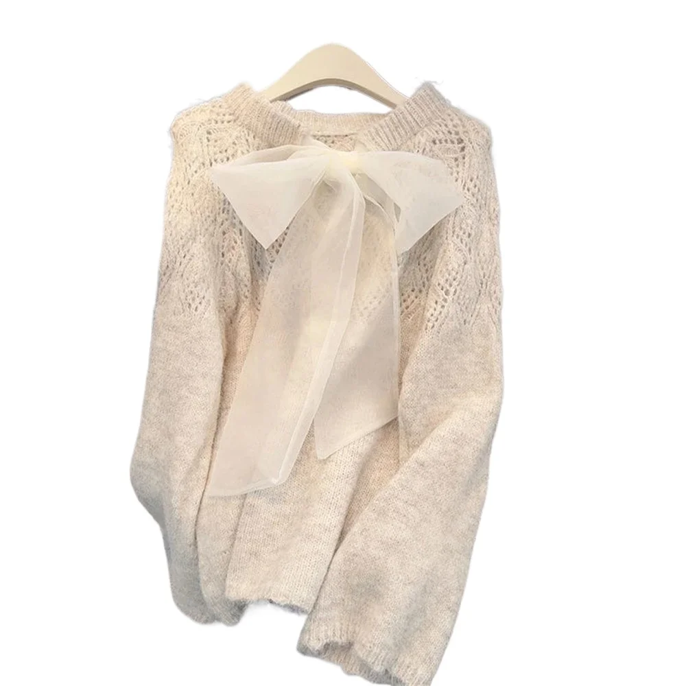 Women Sweaters Hollow Out French Style Bow Sweet Solid Loose Long Pullovers Korean Fashion Casual Elegant Female Sweater Tops