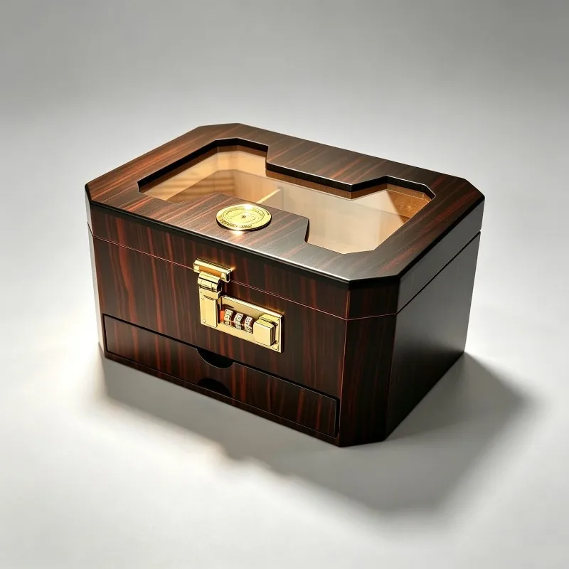 Large Capacity Cigar Humidor, Double Layer Drawer Cedar Wood, Humidification Visible Hygrometer, 50 Cigars, Home Commercial Use