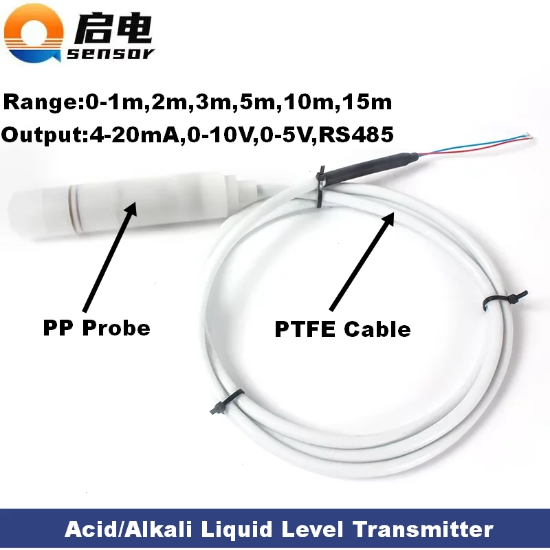

5m to 4-20mA Anti-corrosive Liquid Level Sensor Transmitter PTFE 3m 10m to 0-10V 0-5V RS485 Submersible Water Level Transducer