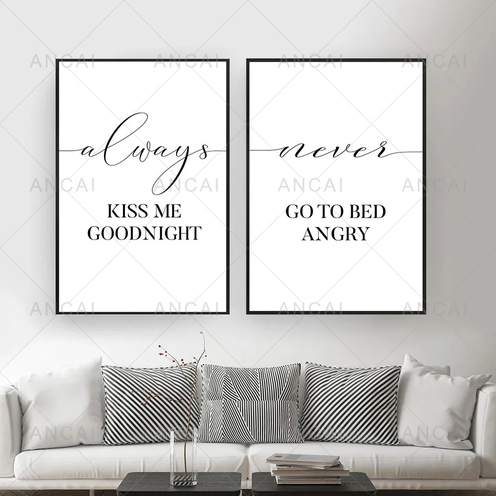 Always Kiss Me Goodnight Wall Art Canvas Painting Poster Print Nordic Style Kids Room Decoration Quote Couple Love Gift Pictures