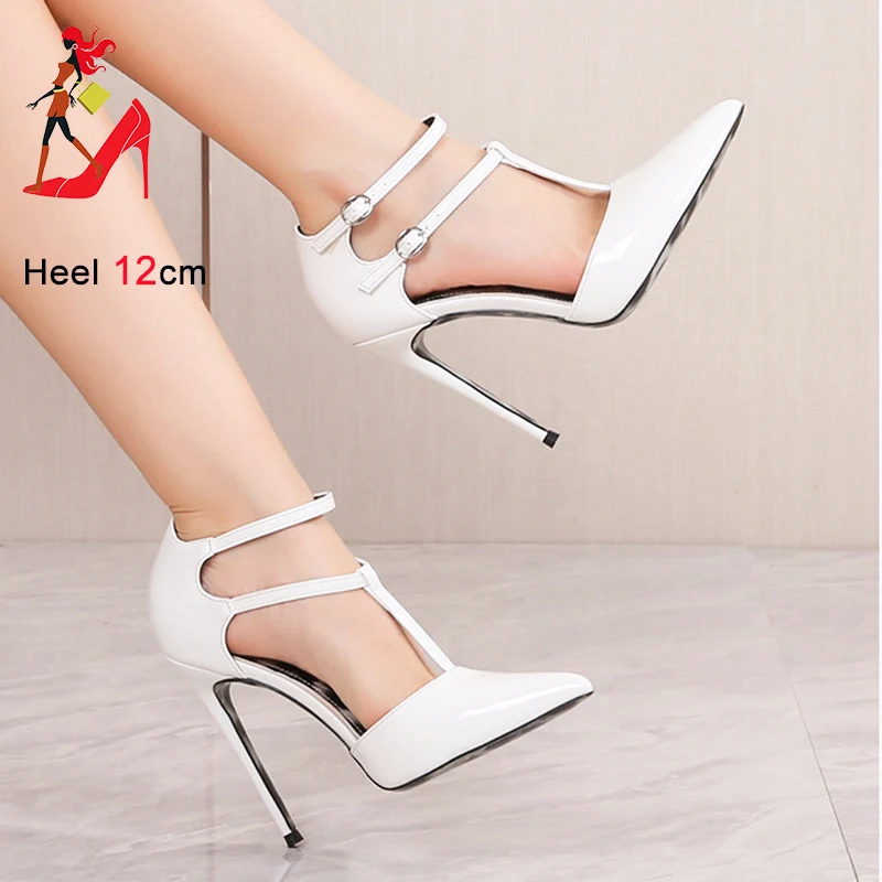 New 12CM Super High Heels Designer Ankle Strap Sandals Plus Size 46 Wedding Party Shoe Sexy T Strap Pointed Toe OL Women Shoes