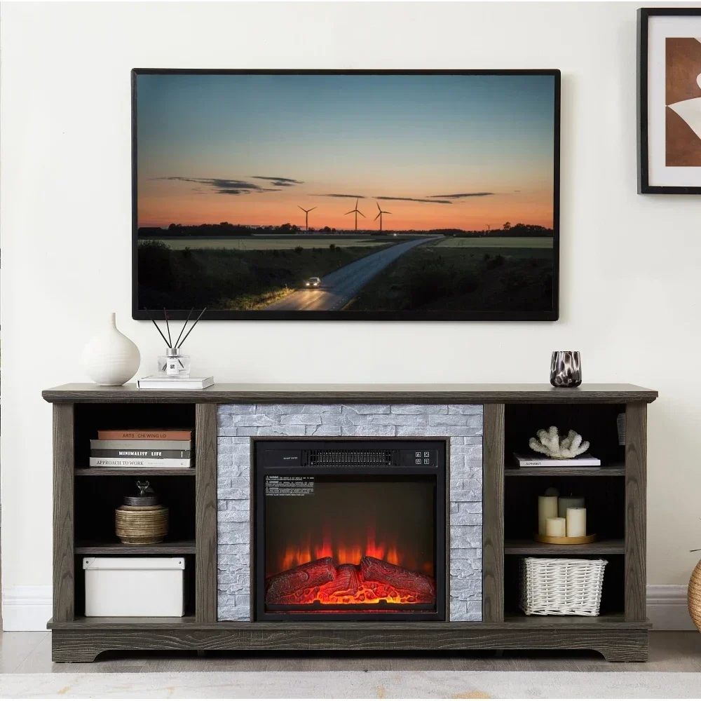 

Electric Fireplace Stone TV Media Stand Console with Open Storage Space with 18" Fireplace Insert ,Grey, 58.31"W*15.39"D*26.06"H