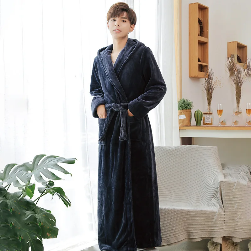 ผู้ชายยาว Robe หนา Flannel Hooded เสื้อคลุมอาบน้ําชุดกิโมโนชุดนอนฤดูใบไม้ร่วงฤดูหนาว WARM Lounge สวมใส่ Casual Coral ขนแกะ Homewear