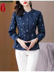 S-3XL 2023 Women European Style Office Lady Work Basic Shirt Floral Print Bow Tie Belly Black Tunic Peplum Top Blouses