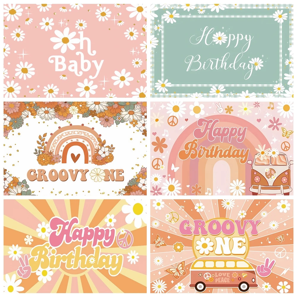 

Groovy One Baby Birthday Backdrop Boho Rainbow Daisy Girl 1st Birthday Party Decor Background Newborn Photography Props