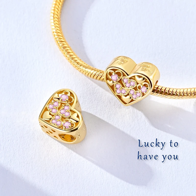 

925 Sterling Silver Heart Pink Zirconia Charms Bead CZ Golden Color Dangle Fit Original Bracelet DIY Women Jewelry Gift