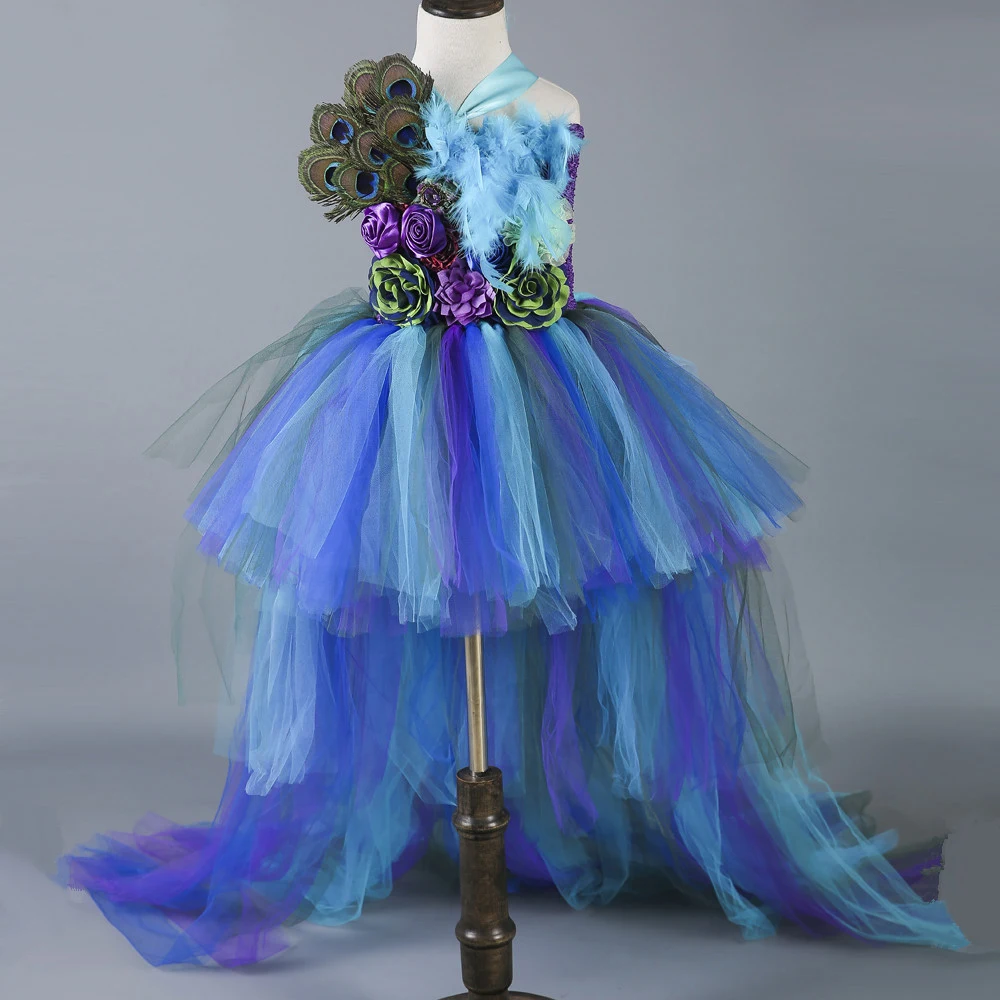 

Peacock Feather Long Tail Dresses for Girls Pageant Halloween Party Costumes for Kids Tutu Outfits High Low Princess Ball Gown