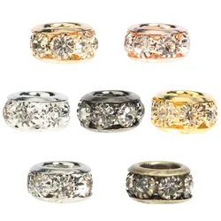 10pcs Big Hole Rhinestone Beads Crystal Pave Brass Rondelle Spacer Beads For Jewelry Making Fit European Bracelets DIY Supplies